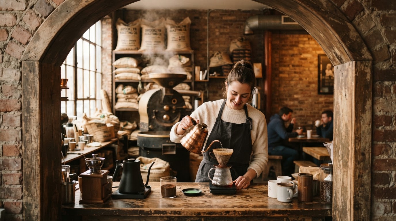 Warm atmospheric photography of a boutique coffee roastery in Brooklyn.